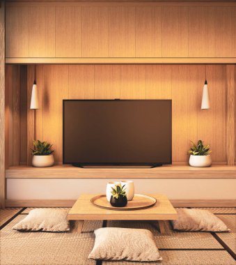 Boş arka planda televizyon ve duvarda tahta Japon dizaynı var.