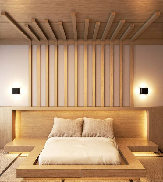 Dormitorio de diseño japonés de madera con listones y ocultar la pared de luz — Foto de Stock