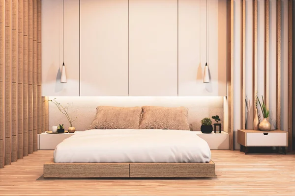 Desain kamar tidur Jepang kayu dengan batten dan dinding cahaya hiden — Stok Foto
