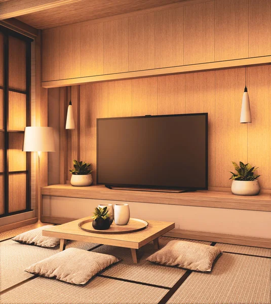Tv a parete vuota sfondo e parete in legno disegno giapponese su l — Foto Stock