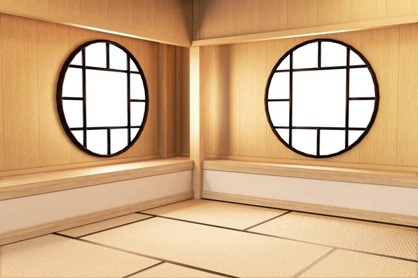 Diseño de ventana circular en habitación vacía blanca en japones tatami piso —  Fotos de Stock