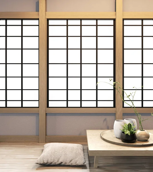 Ryokan Wohnzimmer japanischen Stil an der Wand hölzerne decoraion.3d re — Stockfoto