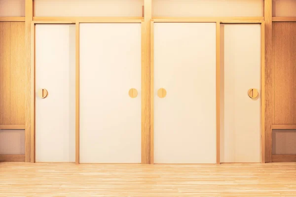 Diseño de la puerta en habitación vacía blanco en piso de madera japonés interio —  Fotos de Stock