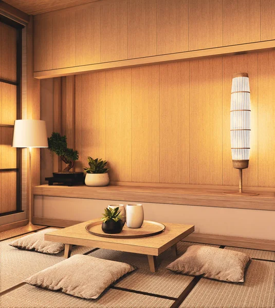 Ryokan living room japanese style on wall wooden decoraion.3D re — 스톡 사진