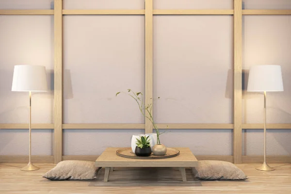 Ryokan sala de estar de estilo japonés en la pared de madera decoraion.3D re — Foto de Stock