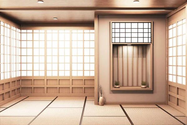Estante pared en sala de estar japonés deisgn con tatami alfombra piso —  Fotos de Stock