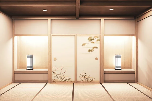 Desain interior Jepang, ruang tamu modern. Ilustrasi 3d, 3d re — Stok Foto