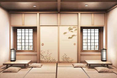 Ryokan japanese style on room wooden Very beautiful design. 3D r