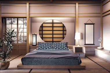Circle window japanese wall design on bedroom japanese style.3D 