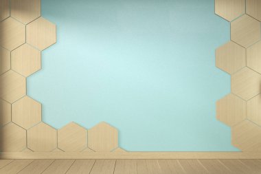 Hexagon tile wall on Empty mint room on wooden floor interior de