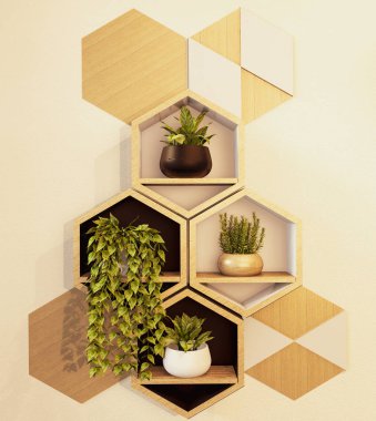 Altıgen ahşap raf Japon tasarımı Wall.3d görüntüleme
