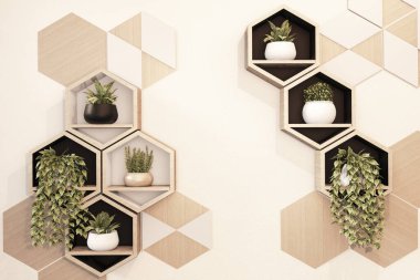 Altıgen ahşap raf Japon tasarımı Wall.3d görüntüleme