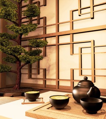 Yeşil matcha çay, bambu çırpıcı, kaşık ve düşük tabl çay tozu