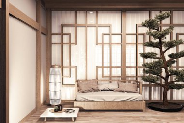 Çin tarzı. Odanın içi ahşap. Duvarda ahşap zemin var.