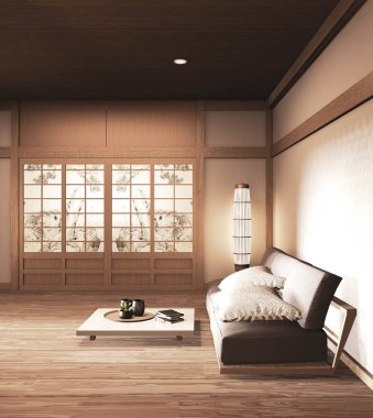 sofa wooden japanese design, on room  japanese wooden floor and 