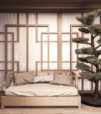 Çin tarzı. Odanın içi ahşap. Duvarda ahşap zemin var.