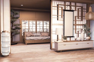 Çin tarzı. Odanın içi ahşap. Duvarda ahşap zemin var.