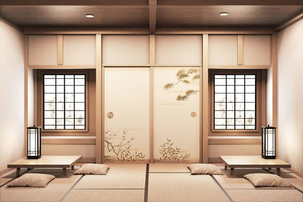 Ryokan estilo japonés en la habitación de madera Muy bonito diseño. 3D r — Foto de Stock