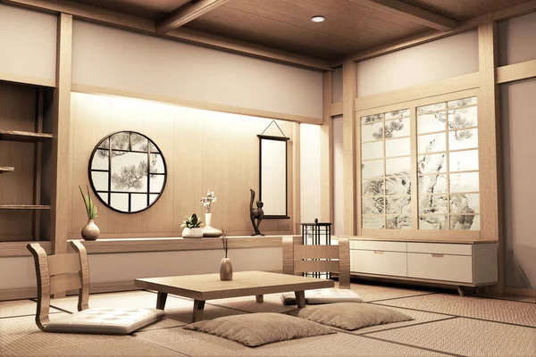 Ryokan gaya Jepang pada ruangan desain kayu Sangat indah. 3D r — Stok Foto