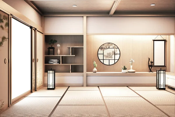 木制地板上空白房间的纸窗木制设计j — 图库照片