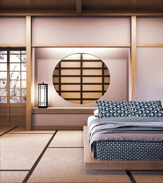 Circle window japanese wall design on bedroom japanese style.3D 