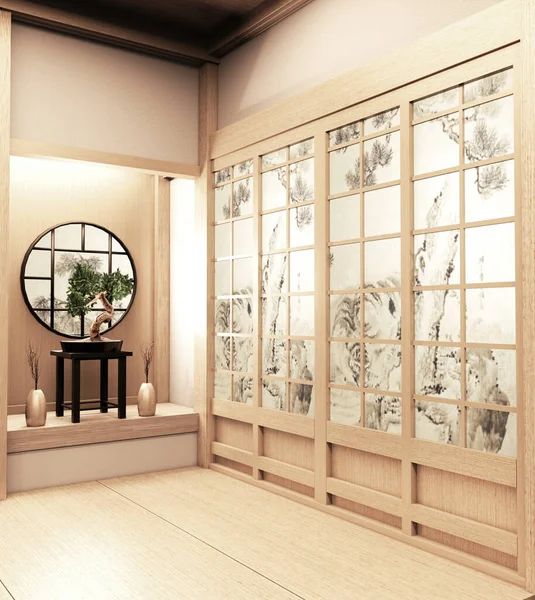 Paper window wooden design on Empty room white on wooden floor j — 스톡 사진