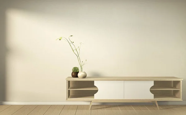 Drewniana szafka w nowoczesnym pustym pokoju japońsko-zen stylu, minimalne — Zdjęcie stockowe