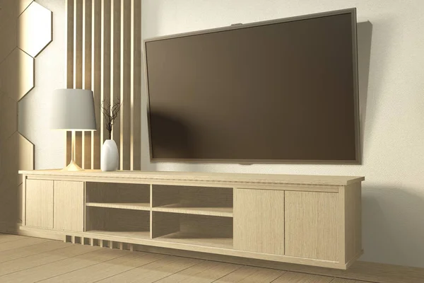 Tv on wall and wooden cabinet in modern empty room Japanese mini