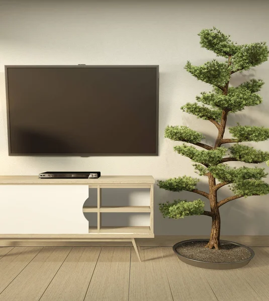 Szafka TV w nowoczesnym pustym pomieszczeniu Japoński-styl zen, Minimal des — Zdjęcie stockowe