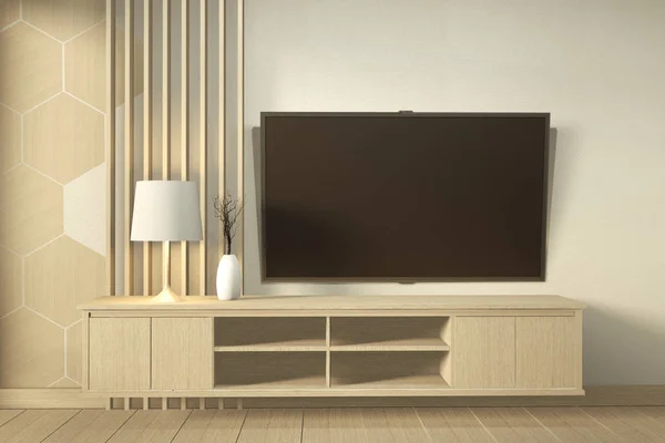 Tv on wall and wooden cabinet in modern empty room Japanese mini — 스톡 사진