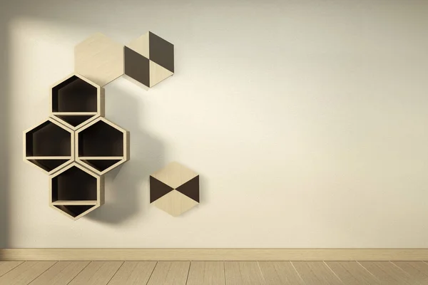 Hexagon wooden shelf japanese design on wall.3D rendering — Stock Photo, Image
