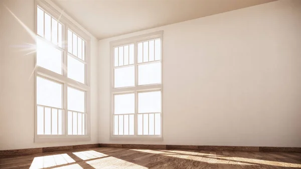 Habitación vacía de color blanco en el diseño de interiores de madera. Renderizado 3D — Foto de Stock