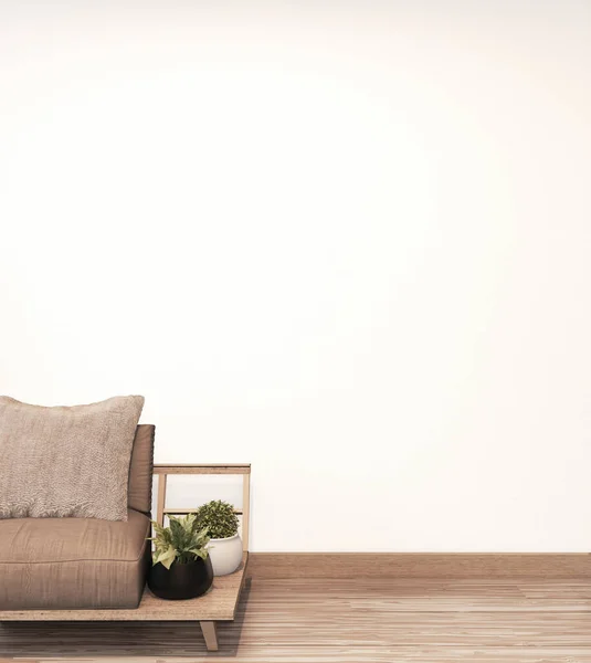 Low armchair wooden japanese design on empty room whit wall back — Stock Photo, Image