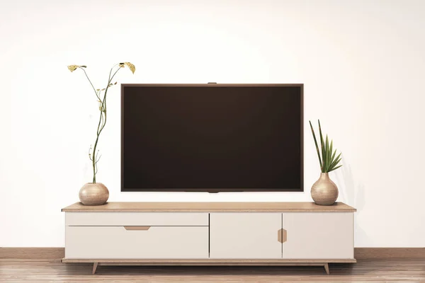Tv sobre fondo de pared vacío y gabinete de madera diseño japonés o — Foto de Stock