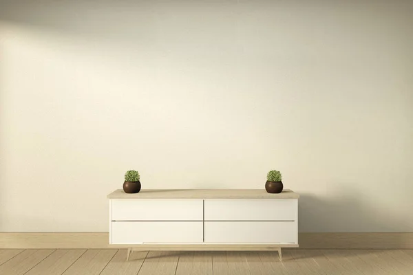 Tv kabinet i moderne tomt rum Japansk zen stil, minimal des - Stock-foto
