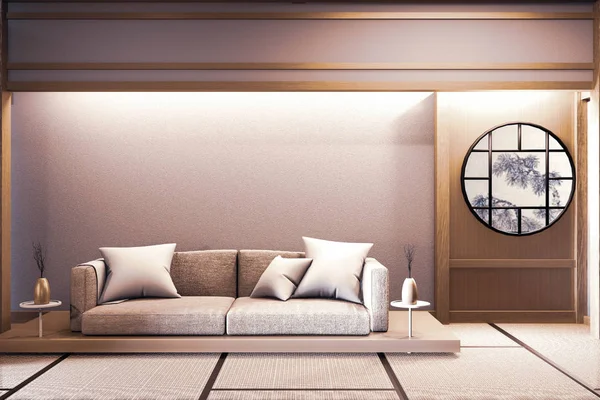 Sofá de madera de diseño japonés, en la habitación piso de madera japonés y — Foto de Stock