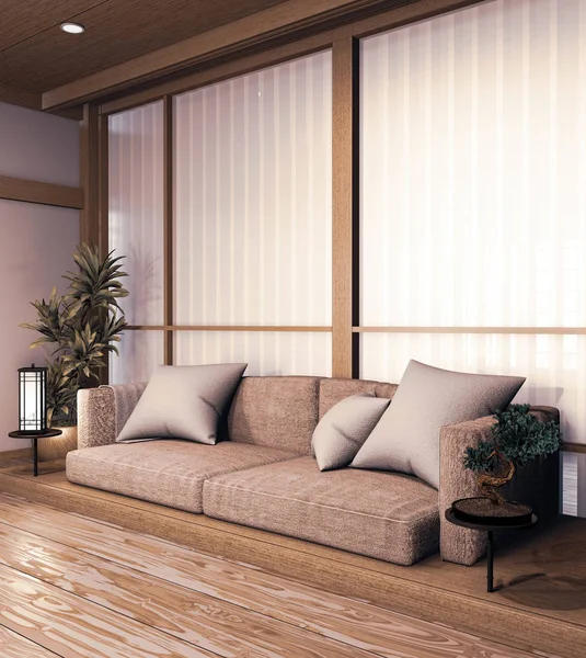 Pohovka dřevěný japonský design, na pokoji japonská dřevěná podlaha a — Stock fotografie