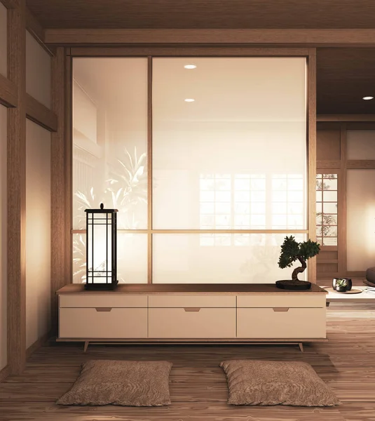 일본 인테리어 디자인, 현대적인 거실. 3D 일러스트레이션, 3D 재 — 스톡 사진