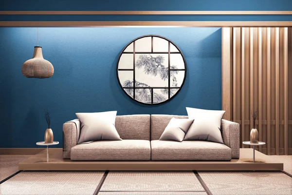 Moderna habitación japonesa azul oscuro interior con sofá bajo de madera en —  Fotos de Stock