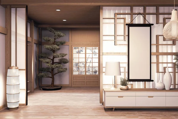 壁の上に木製の床と中国風の部屋の木製のインテリア — ストック写真