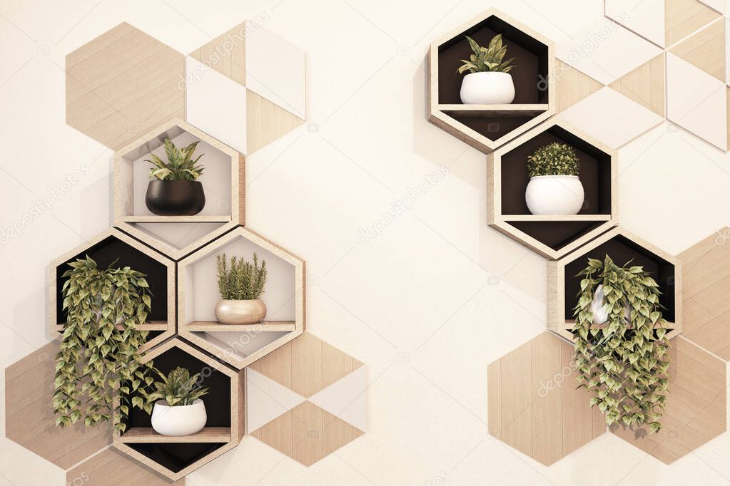 Hexagon wooden shelf japanese design on wall.3D rendering