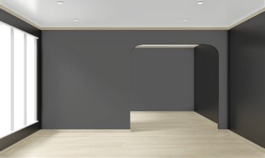 Yerdeki boş oda karanlık duvar ahşap iç dizayn 3D renderin