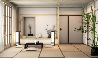 Tatami hasırında Japon stili dekoratif bir oda.
