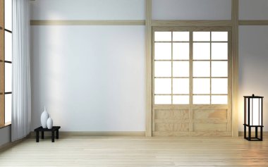 Boş ahşap zen odasının içi Japon stili 3D tasarım.