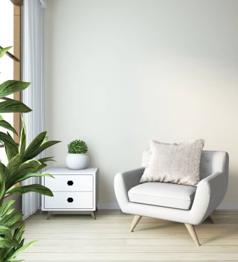 Kol sandalyesi modern zen odasının modelini yapıyor. Japon stili 3D tasarımı.