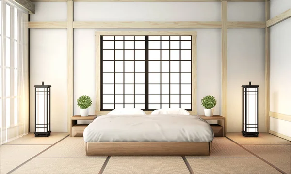 Ryokan kamar tidur sangat Jepang gaya dengan tatami tikar lantai dan de — Stok Foto