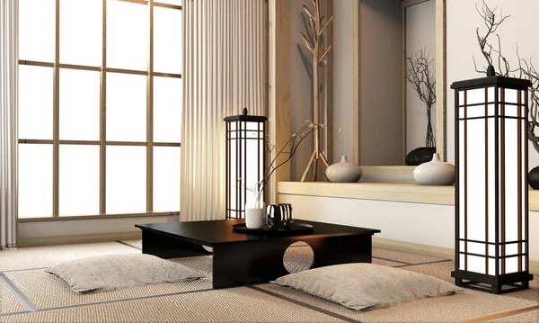 Tatami paspas döşemeli ve dekolteli Ryokan oturma odası Japon tarzı.