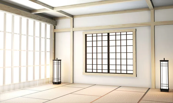 Ryokan Habitación vacía zen estilo muy japonés con piso tatami estera . —  Fotos de Stock