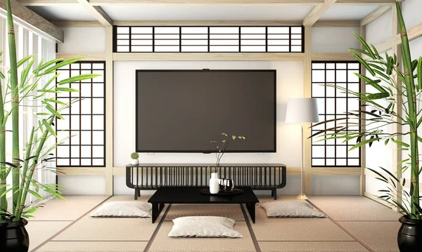 Makiety TV pokój, inteligentny telewizor na ścianie zen pokój bardzo japoński styl — Zdjęcie stockowe