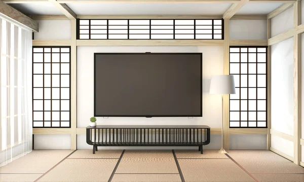 Vysmívat se TV místnost, smart tv na zdi zen pokoj velmi japonský styl a — Stock fotografie